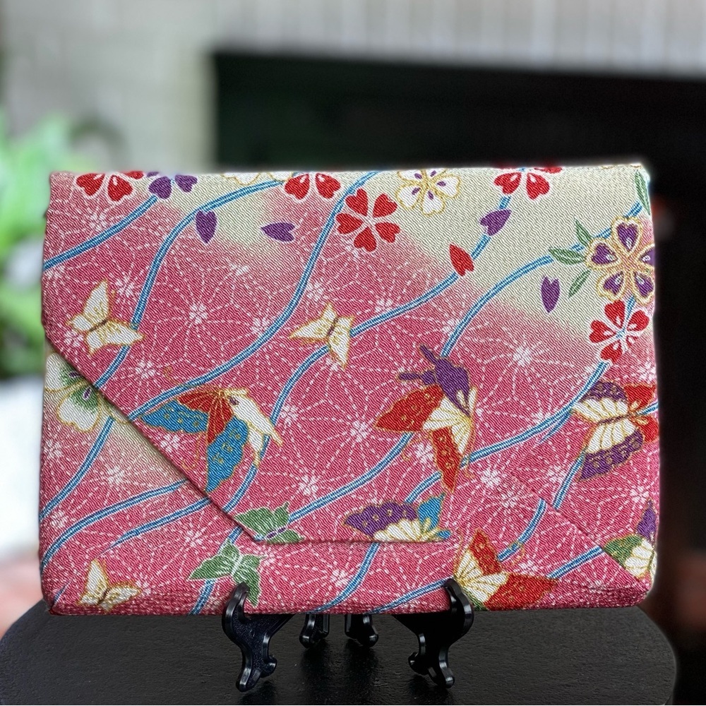 Vintage Japanese Kimono Clutch Bag Pink Floral Butterfly w Chain Crossbody Strap
